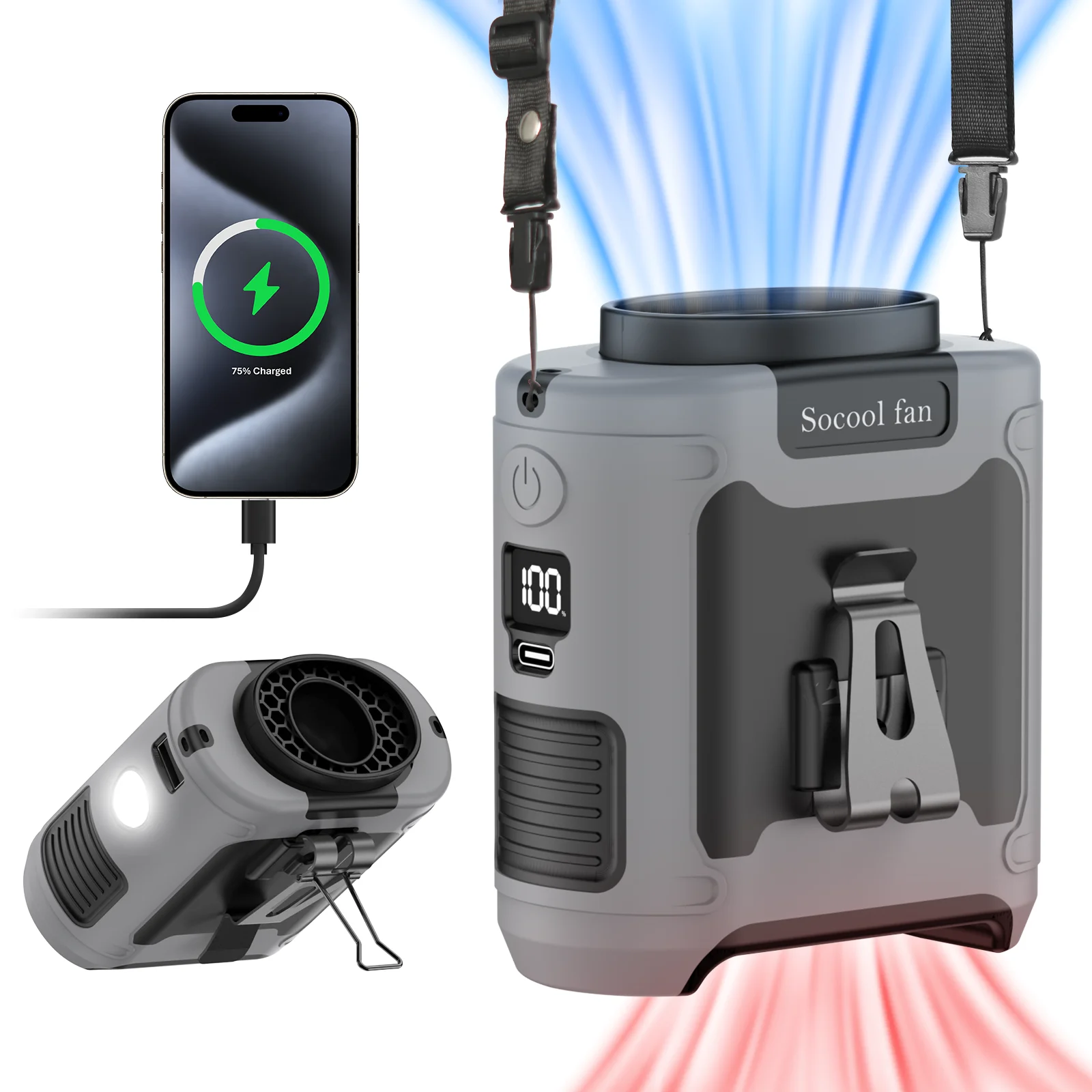 Portable Fan Belt – Rechargeable Wearable Cooler with Flashlight